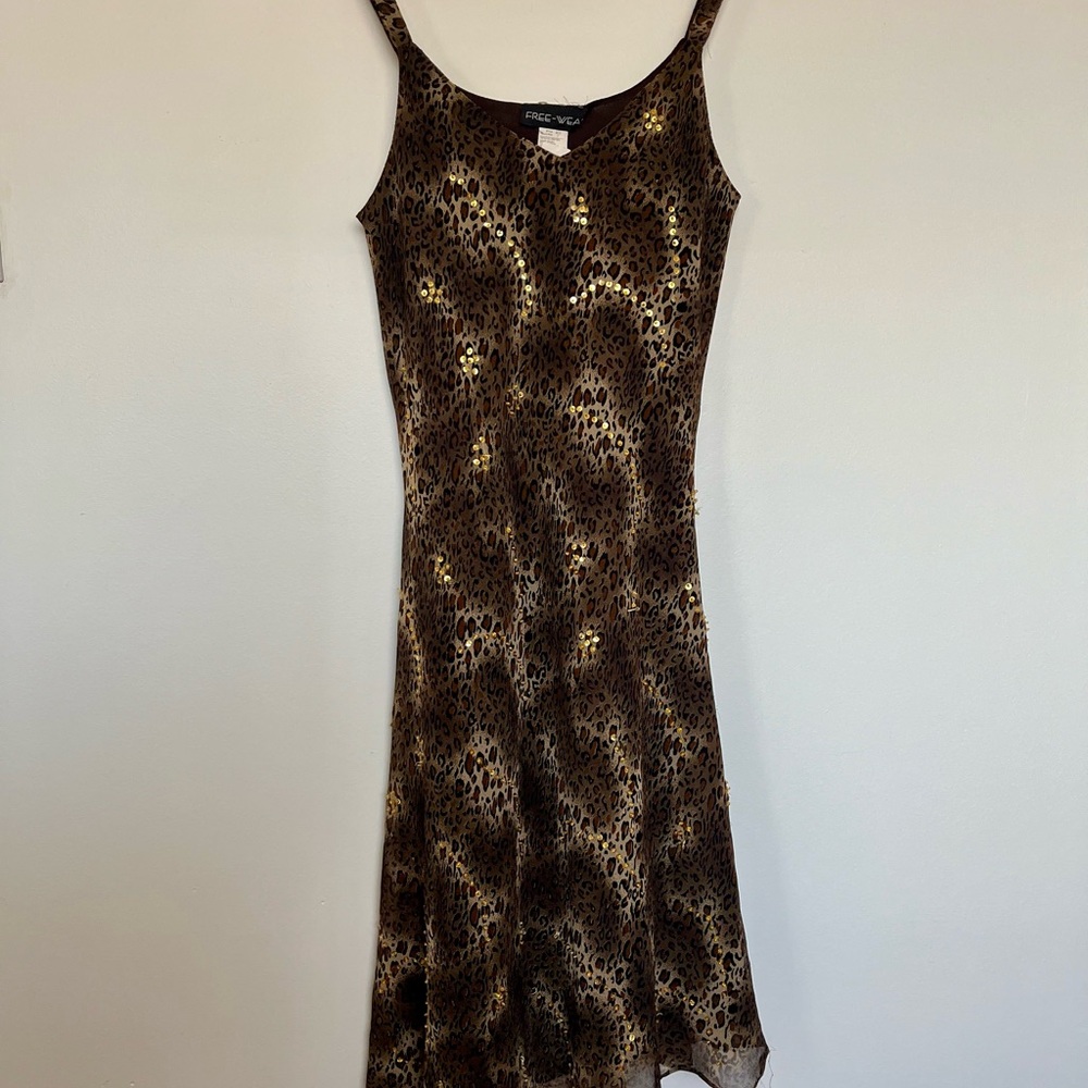 Express Leopard Print Sequin Midi Slip Dress in Brown and Gold